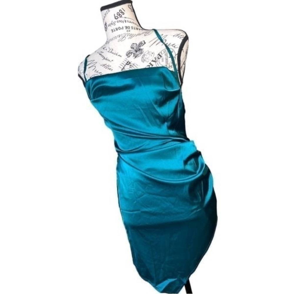 SHEIN SXY Womens XS Emerald Draped Collar Tulip Hem Mini Dress Y2K Bodycon Party - Picture 4 of 9
